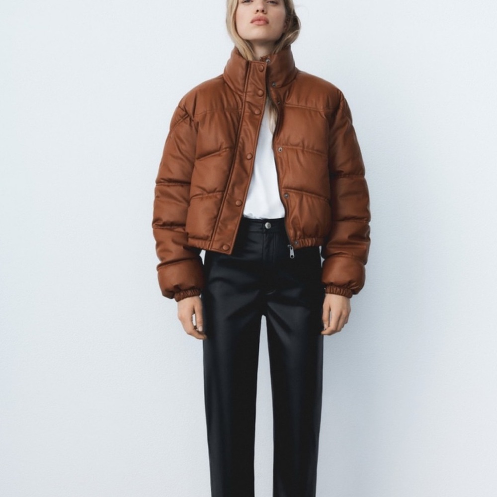 Zara Brown Leather Cropped Zip Puffer Jacket